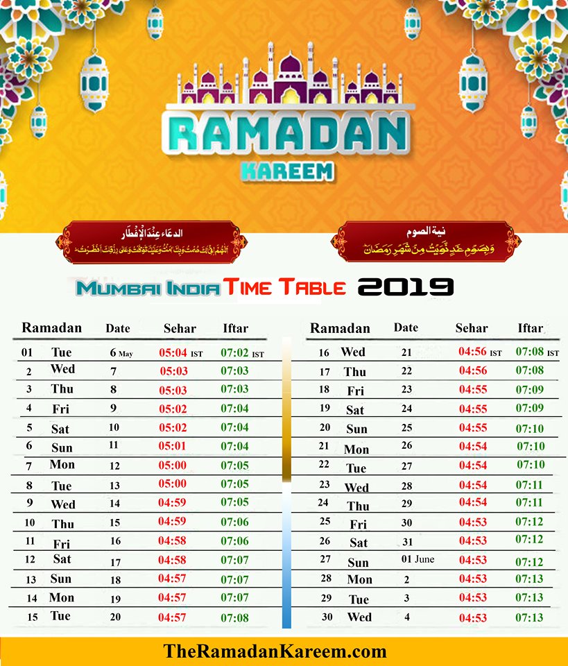 India Ramadan Timetable 2019 (Calendar) Fasting Timing, Prayer Time