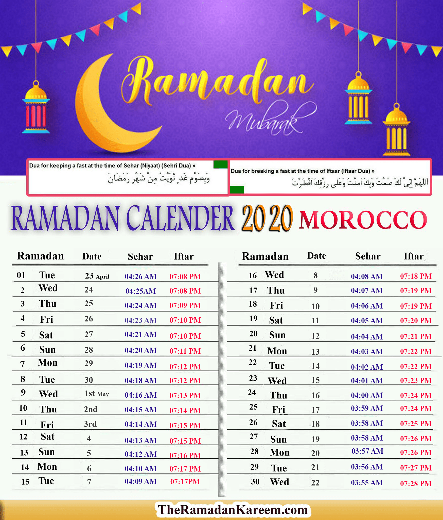 Morocco Ramadan Timetable - Calendar Fasting, Prayer ...
